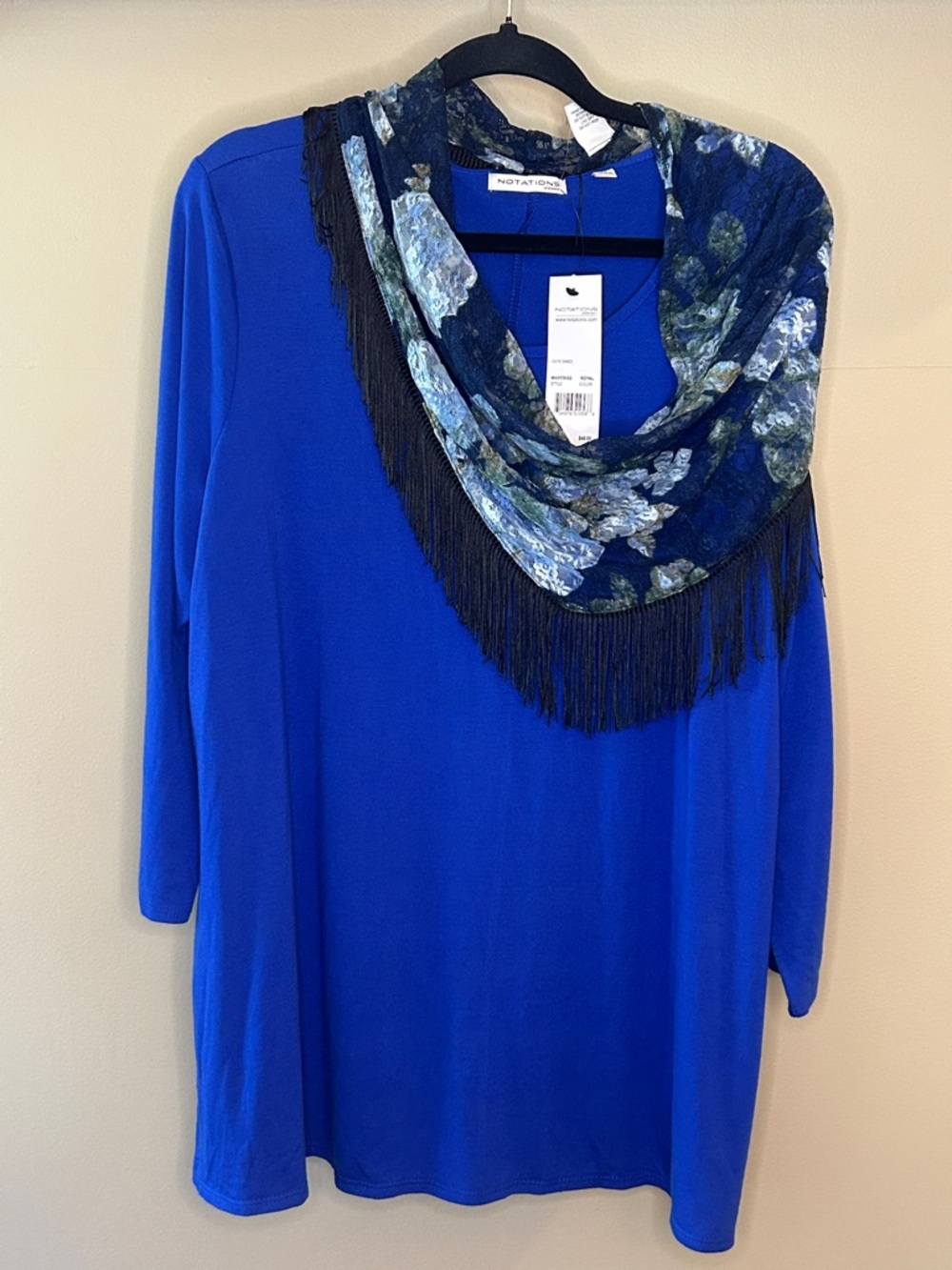 Notations Royal Blue Knit Top with Navy Floral Fringe Scarf
